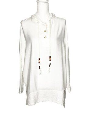 Ikoll Ecru Crinkle Hooded Tunic Top Beaded Drawstring NWT